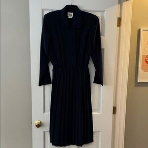 Vintage Leslie Fay Navy Blue Long Sleeve Midi Dress w/Pleated Skirt, Size 10